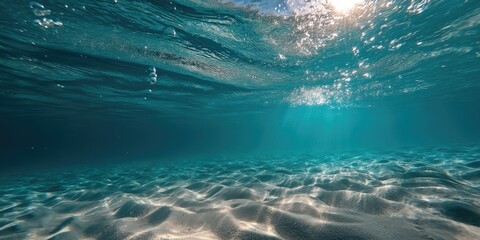 A meditative underwater scene with shimmering sunlight penetrating the surface, casting soft patterns on coral sand floor, calm serene vibe, golden hour light
