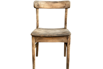 Old wooden chair isolated on a transparent background showcasing unique texture and detail of natural wear and aging in rustic design