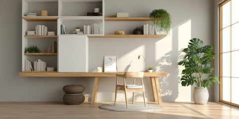 Fototapeta premium Elegant workspace with minimal wooden desk and white floating bookshelves