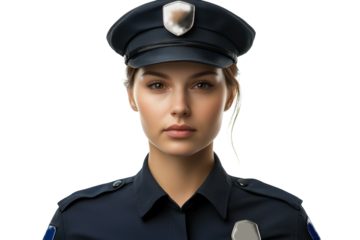 Realistic portrait of a female police officer in uniform, showcasing determination and professionalism in a controlled environment