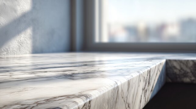  Minimalist marble countertop background with soft daylight and subtle shadows, clean neutral surface ideal for modern product placement