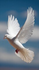 Fototapeta premium White dove in flight against a blue sky backdrop