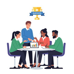 A diverse team of four professionals collaborates around a table, discussing a presentation on a tablet, with a trophy symbolizing success above them.