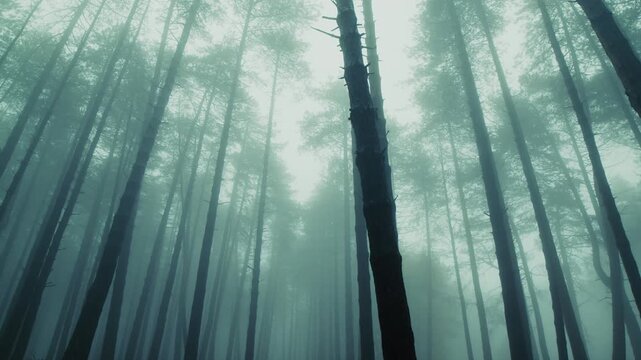 Silhouette of tall, slender tree trunks in a gloomy, foggy mountain panorama