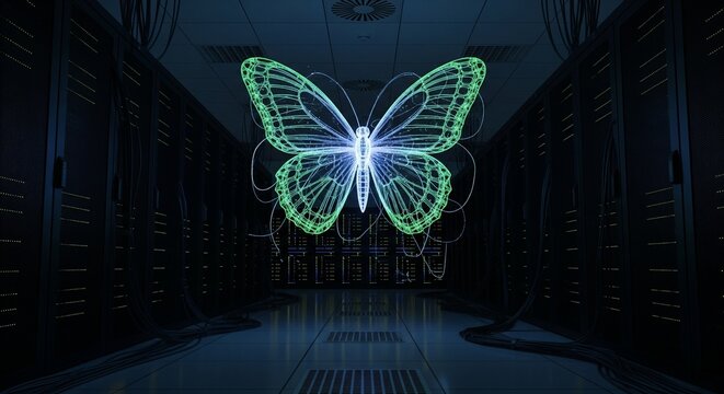 Glowing green butterfly made of circuits in a dark server room with rows of racks, futuristic tech vibe. AI Generated - Powered by Adobe