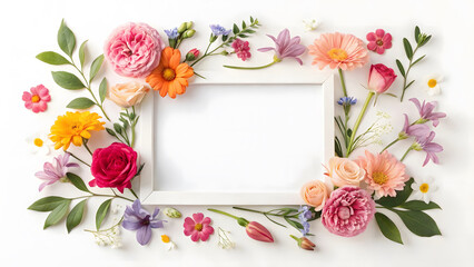 Obraz premium A beautiful flat lay of a white picture frame surrounded by a vibrant arrangement of colorful fresh flowers and green leaves.