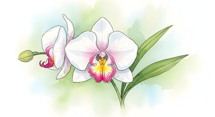 Fototapeta premium Elegant white orchid blossom with pink accents bloom