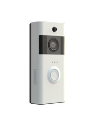 Fototapeta premium White wireless doorbell camera. A rectangular, white device with a circular, light gray button and a camera lens. Sleek, modern design