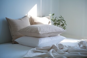 A Serene Bedroom Setting with Stacked Linen Pillows and Crisp White Bedding