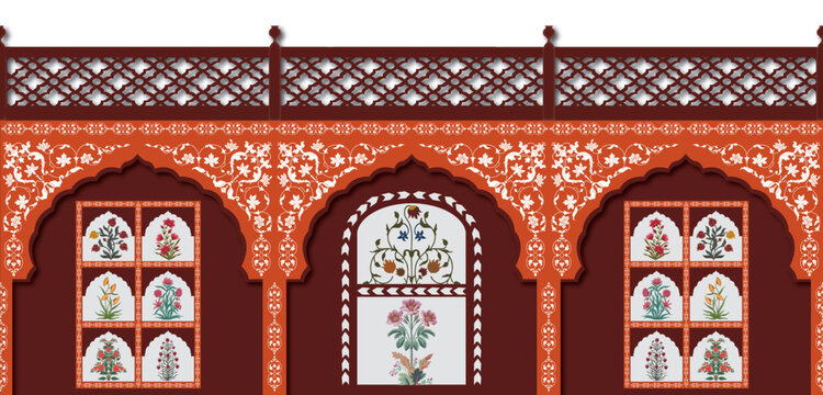 Traditional Rajasthani Wall Art with Floral Motifs. Mughal-Inspired Wall Decoration Symmetrical. Abstract Indian Floral Design with Persian Carpet Patterns, Tribal Textures, and Andalusian Arabic Art.