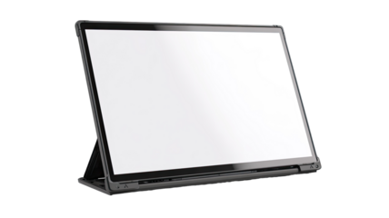 Black tablet-style device with blank screen, angled, on a stand