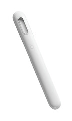 White, elongated, cylindrical object with a slot and a small circle