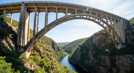 Fototapeta premium Magnificent concrete bridge spanning a river gorge under a bright sky