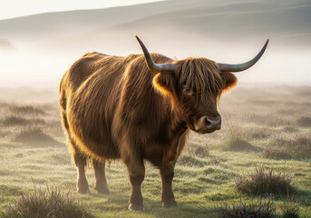 Highland Cow in Grassy Field with Mist and Hills