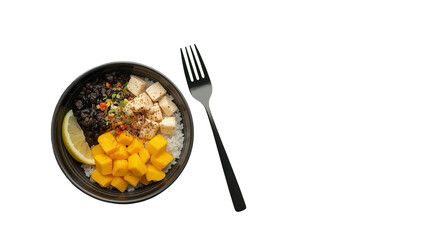 Vibrant Top Down Delicious Vegan Bowl with Mango and Tofu Bowl