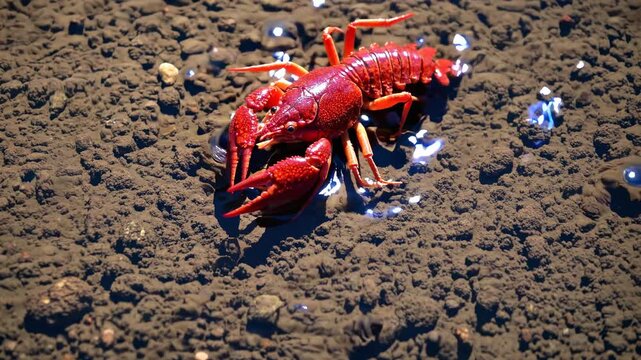 Top-down video shot of a vibrant red crayfish on wet, textured ground, highlighting its detailed features and natural habitat.