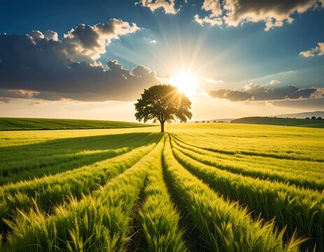 Lush field, lone tree, sunset