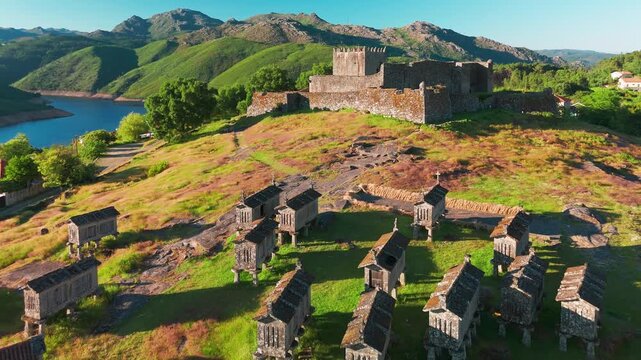 Aerial View of Lindoso Castle and Traditional Granaries in Portugal