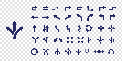 Road traffic direction arrows flat set. You-turn, left, right, two way, three way transportation direction arrow symbol. decision icon vector Trafic way icon