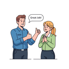 A man gives a thumbs-up and says "Great Job!" to an appreciative woman, symbolizing praise and recognition in a professional setting.