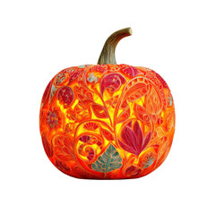 Obraz premium Intricately carved pumpkin lantern glowing warmly with detailed floral and leaf patterns creating festive and artistic ambiance