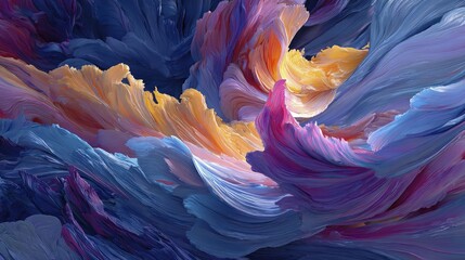 Obraz premium A vibrant abstract design featuring swirling, textured forms in a blend of blues, yellows, and pinks.