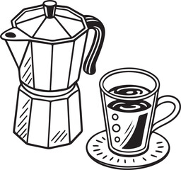 Moka Pot and Coffee Cup - Iconic Espresso Brewing & Serving Set, Black and White Illustration
