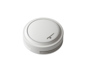 White round smoke detector.  Compact, simple, and modern design.  Small circular opening on top
