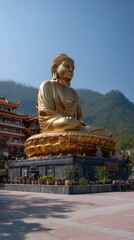 Fototapeta premium Golden Buddha statue in mountain serenity