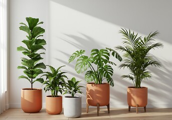 Group of various potted houseplants on wooden floor against white wall