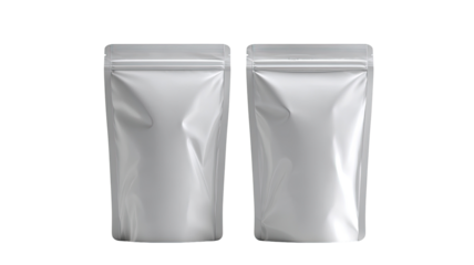 Two identical, light gray, flexible, stand-up pouches, likely for food or beverage.  Zip-top closures