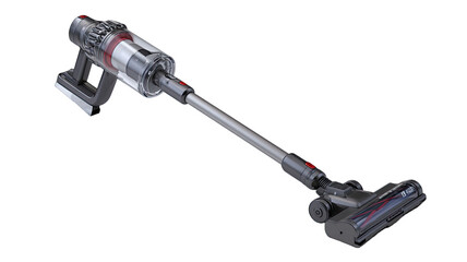 Gray cordless handheld vacuum cleaner, angled view.  Features a long, slender pole with a compact, cylindrical body.  Red accents.  Clear plastic elements.  Nozzle and brush attachment visible