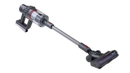 Gray cordless handheld vacuum cleaner, angled view.  Features a long, slender pole with a compact, cylindrical body.  Red accents.  Clear plastic elements.  Nozzle and brush attachment visible