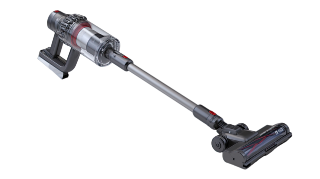 Gray cordless handheld vacuum cleaner, angled view.  Features a long, slender pole with a compact, cylindrical body.  Red accents.  Clear plastic elements.  Nozzle and brush attachment visible
