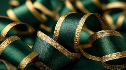 Elegant Dark Green and Gold Ribbons Curled Artfully on a Dark Green Surface