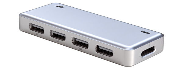 Silver rectangular USB hub with four ports