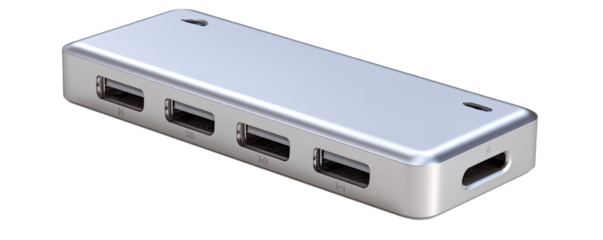 Silver rectangular USB hub with four ports