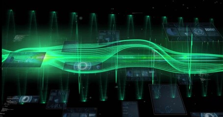 Starting green waveform moving across pulsing grid, undulating as panels emerge showing data flow - Powered by Adobe