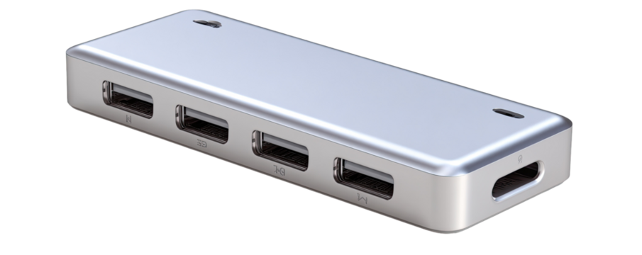 Silver rectangular USB hub with four ports