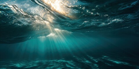 Obraz premium A meditative underwater scene with shimmering sunlight penetrating the surface, casting soft patterns on coral sand floor, calm serene vibe, golden hour light