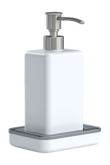 Obraz premium White rectangular soap dispenser with a gray base. Stainless steel pump top