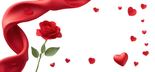 Red Rose with Silk Fabric and Falling Hearts on Black Background