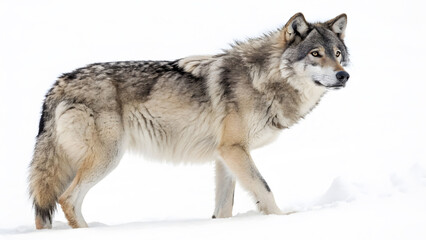 Obraz premium Gray wolf standing in the snow, looking alert and watchful.