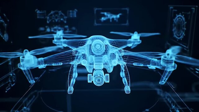 Blue Glowing Drone 3D Model Rotating in Dark Background
