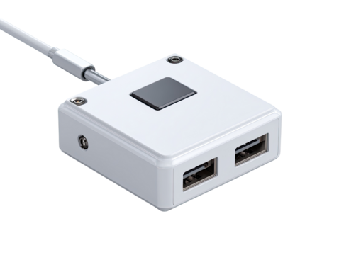 White rectangular device with two USB ports and a button.  A cable connects to the top