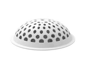A white, dome-shaped strainer with a perforated surface
