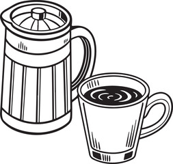 Moka Pot and Coffee Cup - Iconic Espresso Brewing & Serving Set, Black and White Illustration