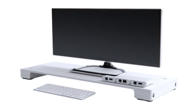 White monitor stand with keyboard and USB ports.  A flat, white desk mount elevates a monitor, keyboard, and multiple USB ports.  Simple design