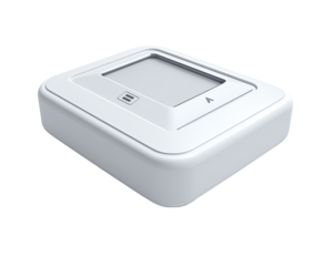 White rectangular device with a screen.  Small, square,  plastic casing,  angled view.  Display area is a light gray/off-white.  Two horizontal lines,  possibly controls, visible  on the screen.