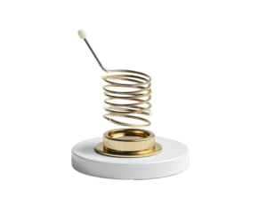 Gold spiral stand with a white base.  A decorative, coiled spring-like object sits atop a circular white pedestal.